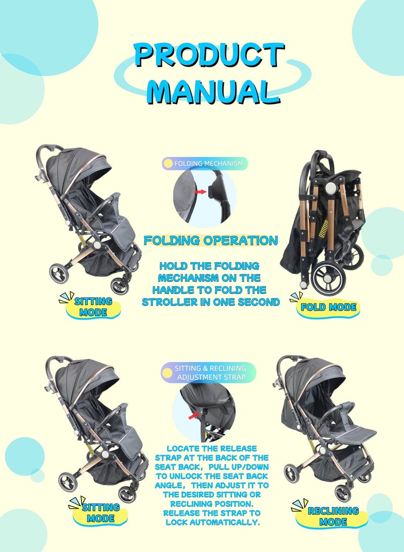 Two-way One-click Foldable Ultra Lightweight Travel Stroller with Comfortable and Shock Absorbent Multi Position Reclining Seat Adjustable Canopy Foldable Storage Basket NO.1105 - Image 3